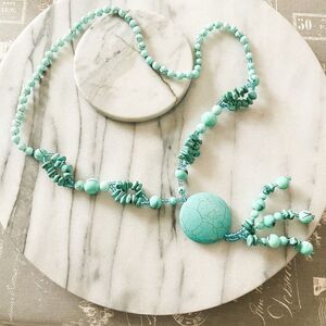 Turquoise Beaded Necklace Teal Blue Natural Stone Pendant Y‎ Drop Boho Western